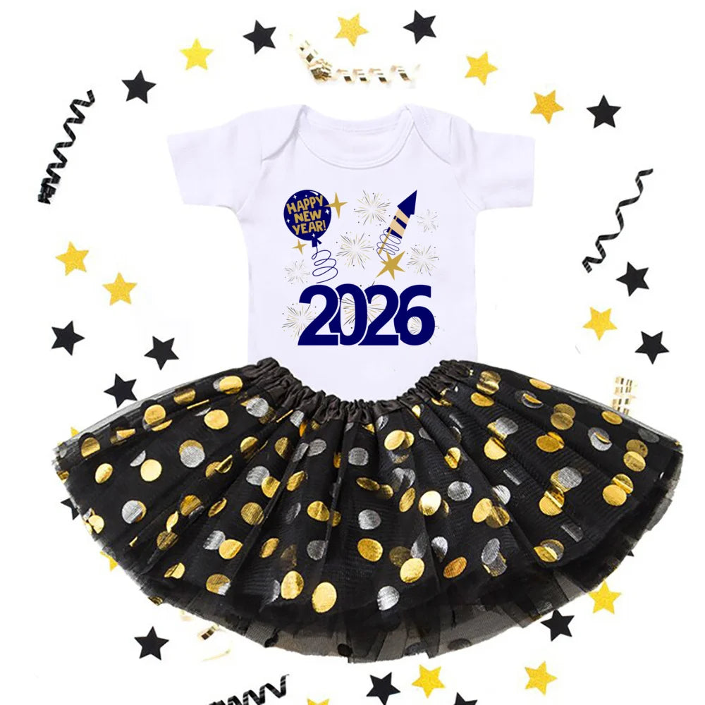 Hello 2026 Print 2 Piece Baby Girls Bodysuit Dress Set New Year Girl Short Sleeve Romper + Tutu Skirt Infant Dresses Set Outfit