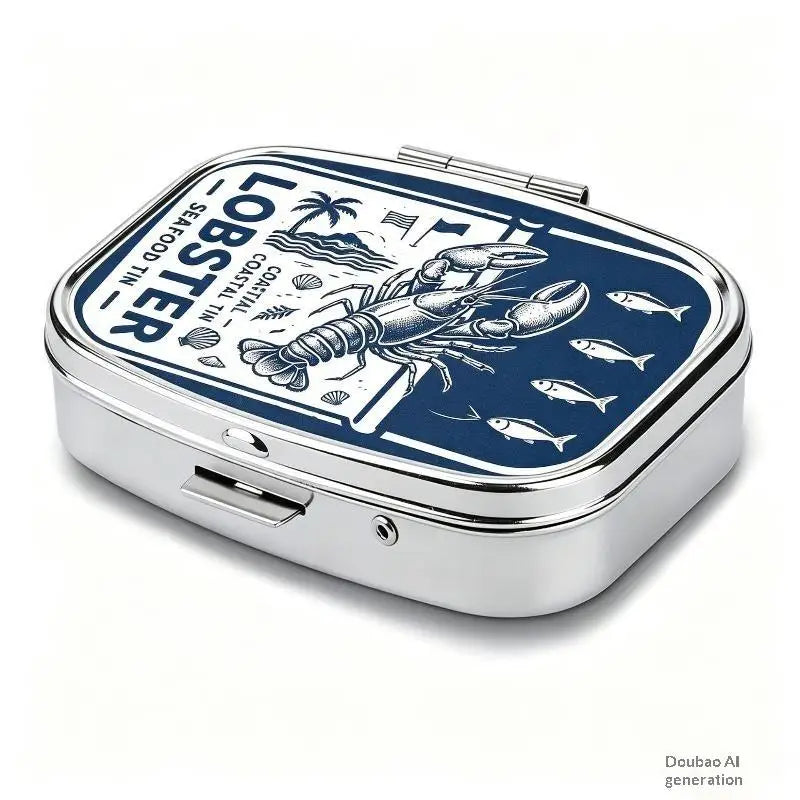 【WA】LUCKY TUNA Sardines Print Metal Pill Box, Portable 2-Compartment Travel Pill Organizer For Vitamins & Pills