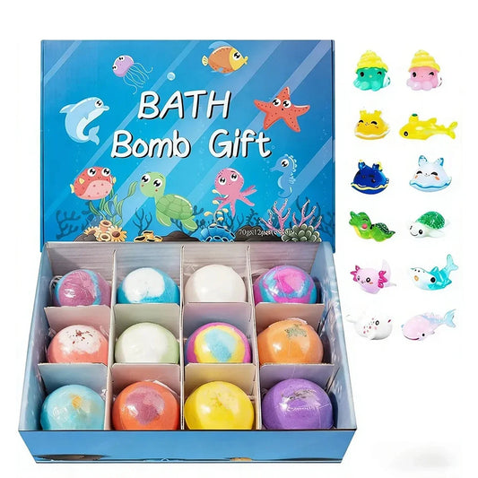 12PCS Bath Bombs Kids Bath Gift Ocean Bath Ball With Hidden Toys Sea Salt Flower Fruit Scented Bubble Ball Foot Bath Set
