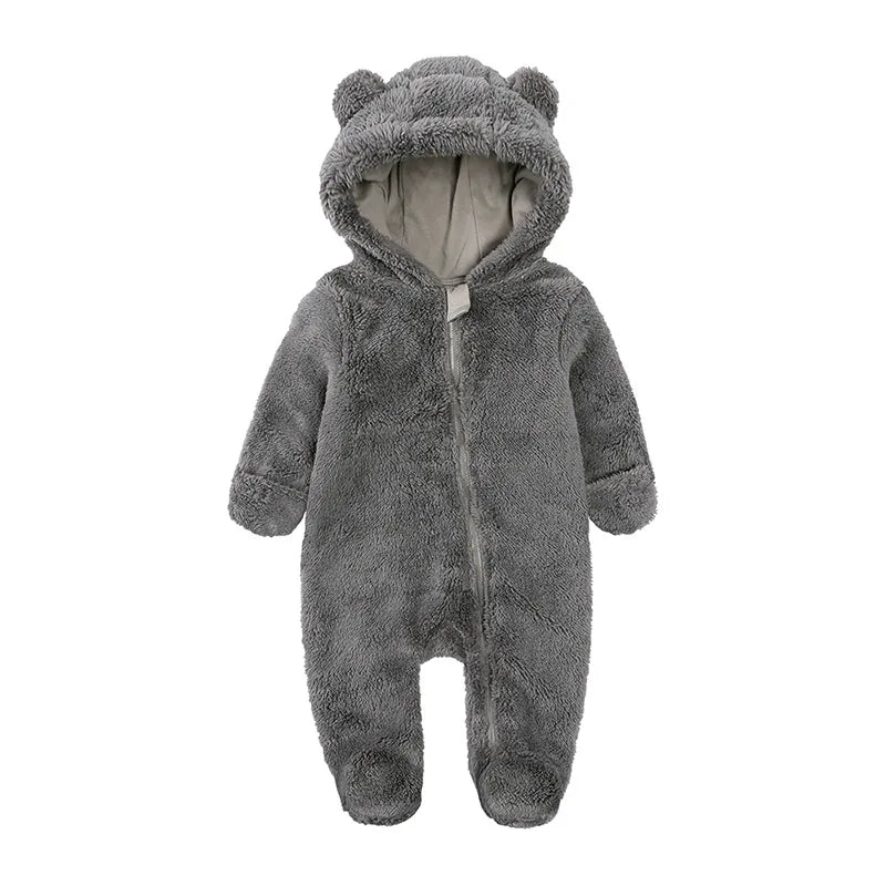 2025 Warm Footed Baby Romper Zipper Closure Fall Newborn Bear Ear Hooded Fuzzy Onesie Outfit Infant Boys Girls 100 Days Jumpsuit