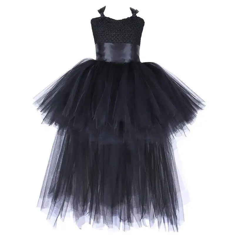 Dark Witch Halloween Costumes for Girls Black Devil Angel Fancy Trailing Dress with Feather Wings Bat Horns Kids High Low Outfit