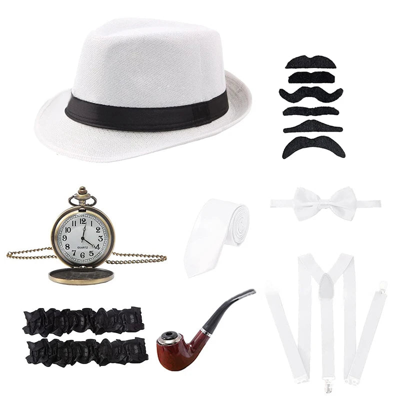 Halloween 1Set 1920's Cosplay Costume Hat Pocket Watch Neck Tie Moustache Bowtie Gatsby Masquerade Accessories