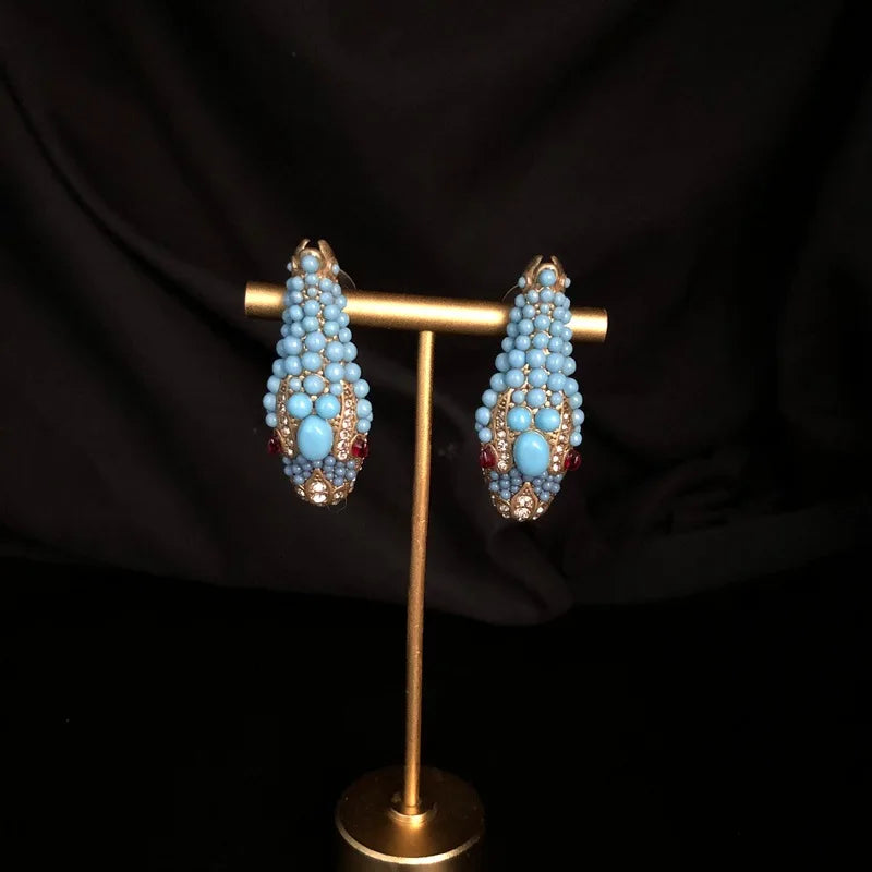 KEQIU Recycled aged gold snake-shaped necklace stud earring ancient-style , turquoise inlaid heavy industry jewelry