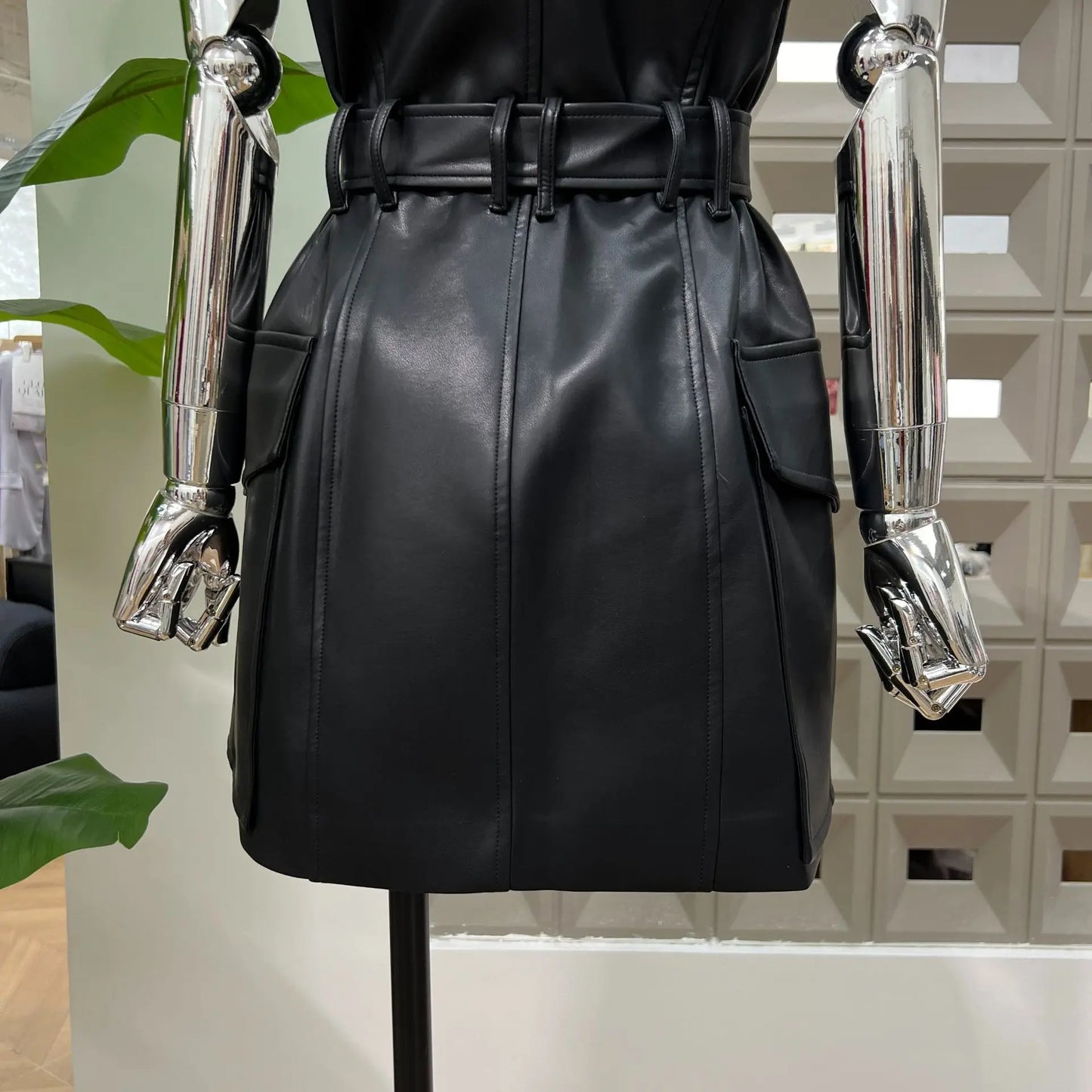 DFDG 2025 Women’s V-Neck Wide Shoulder Overlap Placket Double Breasted PU Leather Bodycon Dress Unique Design Cocktail Dress