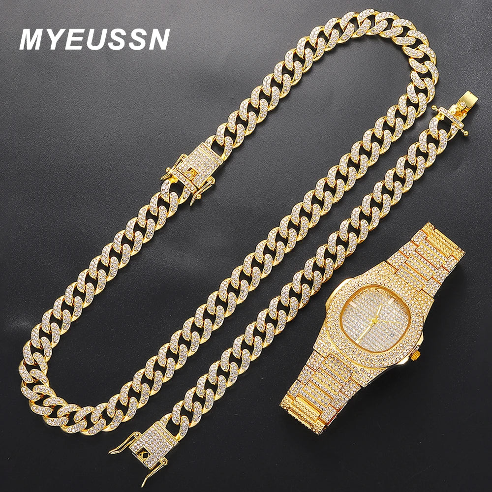 Iced Out Watch 3PCS Hip Hop Luxury Watches Jewelry Set Mens Women Watch Necklace Bracelet Bling Cuban Link Chain Choker Gift