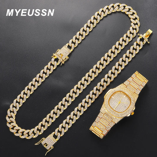 Iced Out Watch 3PCS Hip Hop Luxury Watches Jewelry Set Mens Women Watch Necklace Bracelet Bling Cuban Link Chain Choker Gift