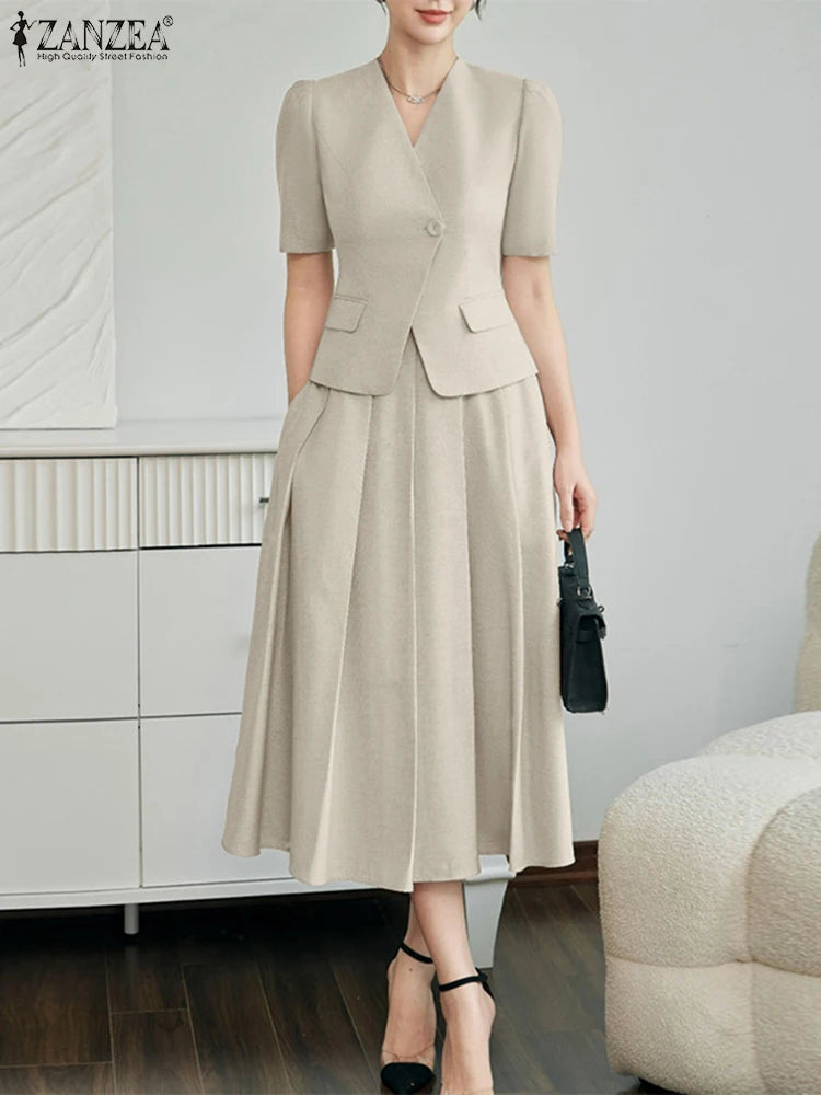 ZANZEA Vintage Outfits Women Fashion Office Dress Sets Solid Shirts A-Line Pleated Maxi Skirts Casual Suits 2025 Matching Sets