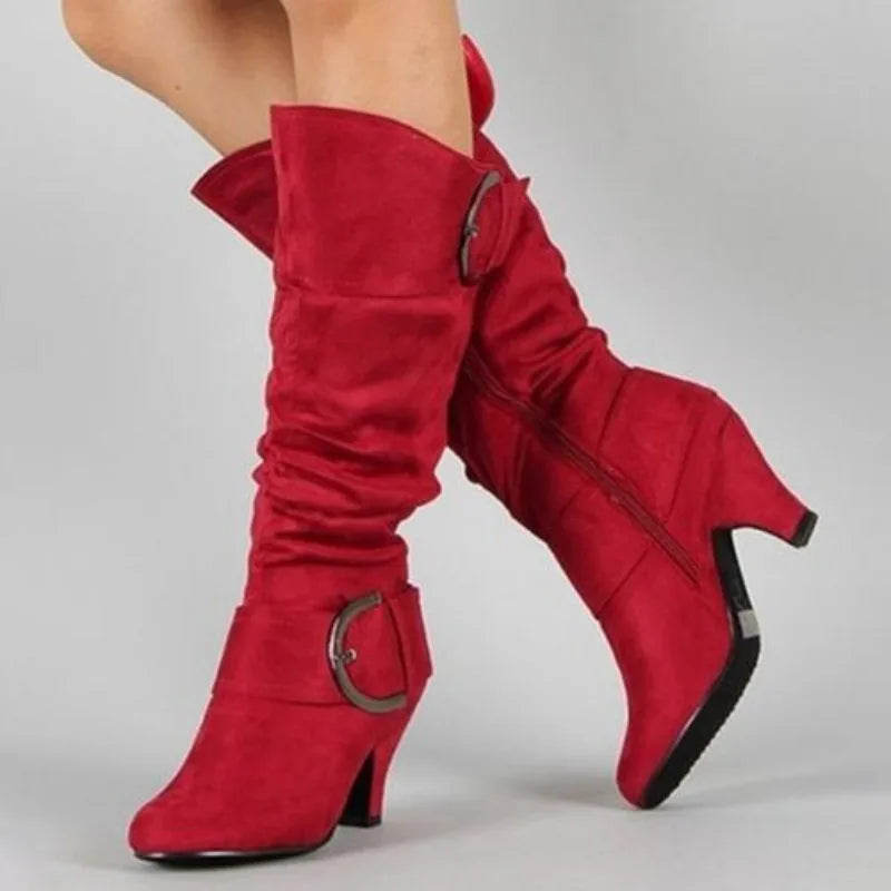 Women's Boots Mid Calf New Fashionable Bohemian Boots Square Heel European and American Belt Buckle Metal Decoration Women Shoes
