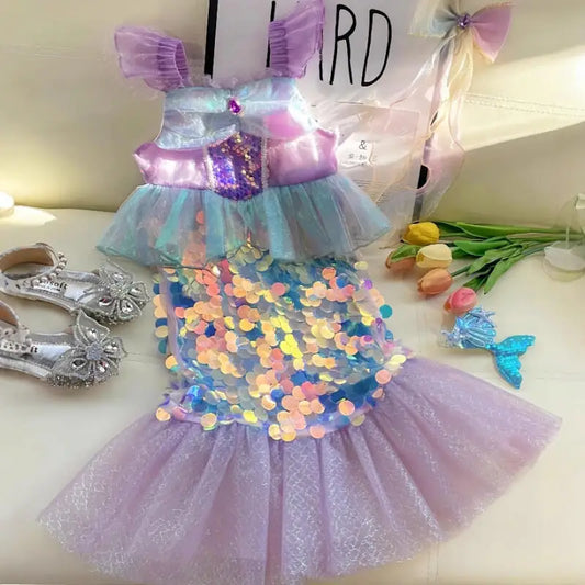 Mermaid Princess Dress Carnival Birthday Party Dress Halloween Mermaid Costume Girl Princess Costume Sequined Fishtail Skirt