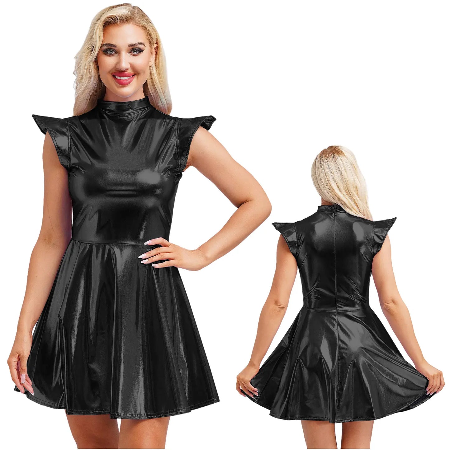 Womens High Waist A-line Dress Shiny Metallic Mock Neck Cap Sleeve Dress Modern Pole Dance Rave Party Bar Club Wear Street Wear