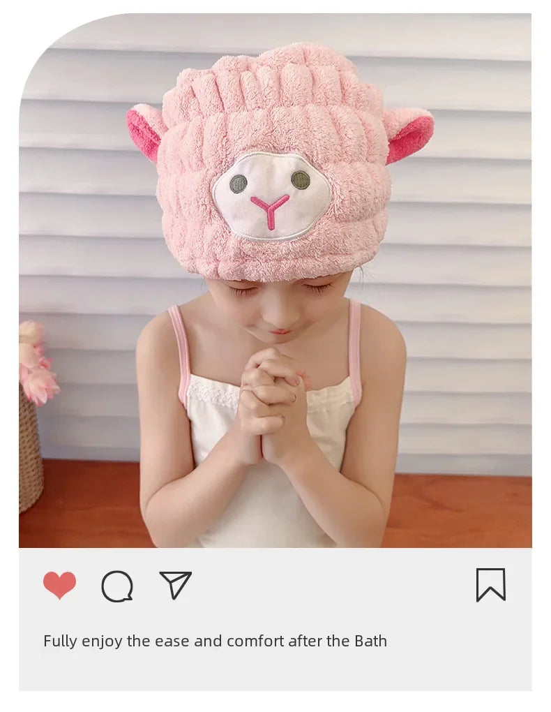Coral Fleece Cartoon Kids Hair Drying Hat Animal Embroidered Shower Cap Absorbent Quick Dry Tape Cute Bathroom Accessory Soft