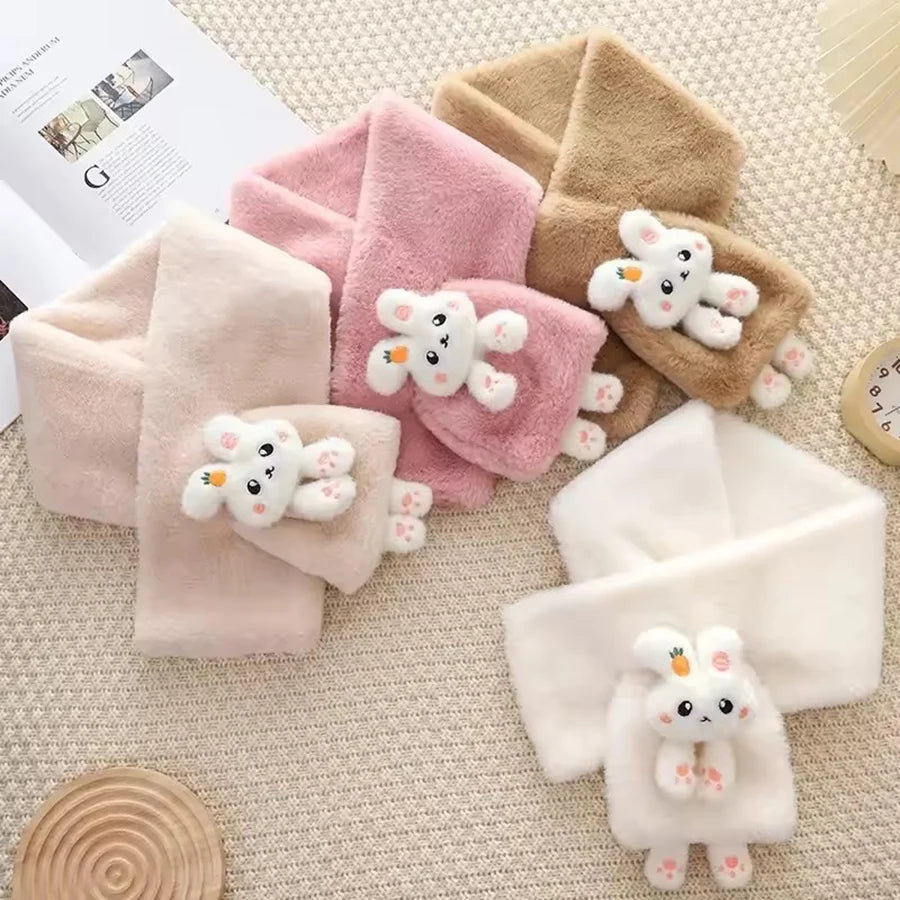 Girls Winter Warm Scarfs Thick Plush Cross Children's Scarf Baby Bib Cute Cartoon Rabbit Faux Fur Cross Neckerchief Protection S