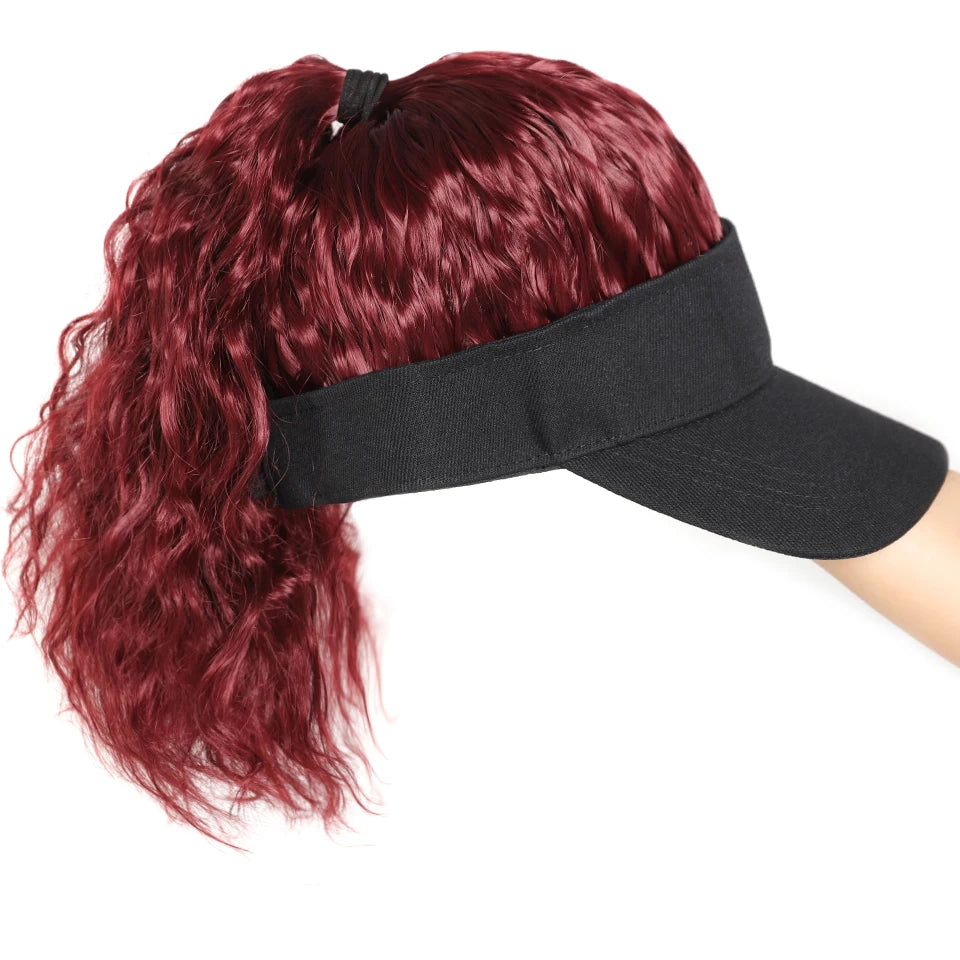 LUPU Synthetic Hair Curly Wave Ponytail Black Brown Baseball Cap Wig Adjustable Sun-Protective Sporty Style for Women Girls