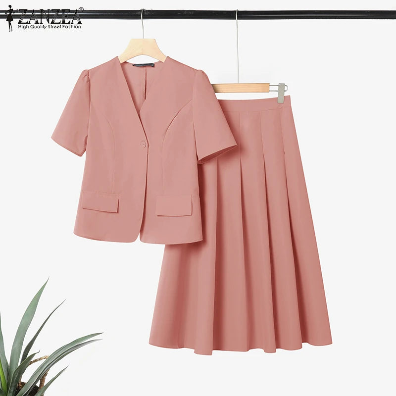 ZANZEA Vintage Outfits Women Fashion Office Dress Sets Solid Shirts A-Line Pleated Maxi Skirts Casual Suits 2025 Matching Sets