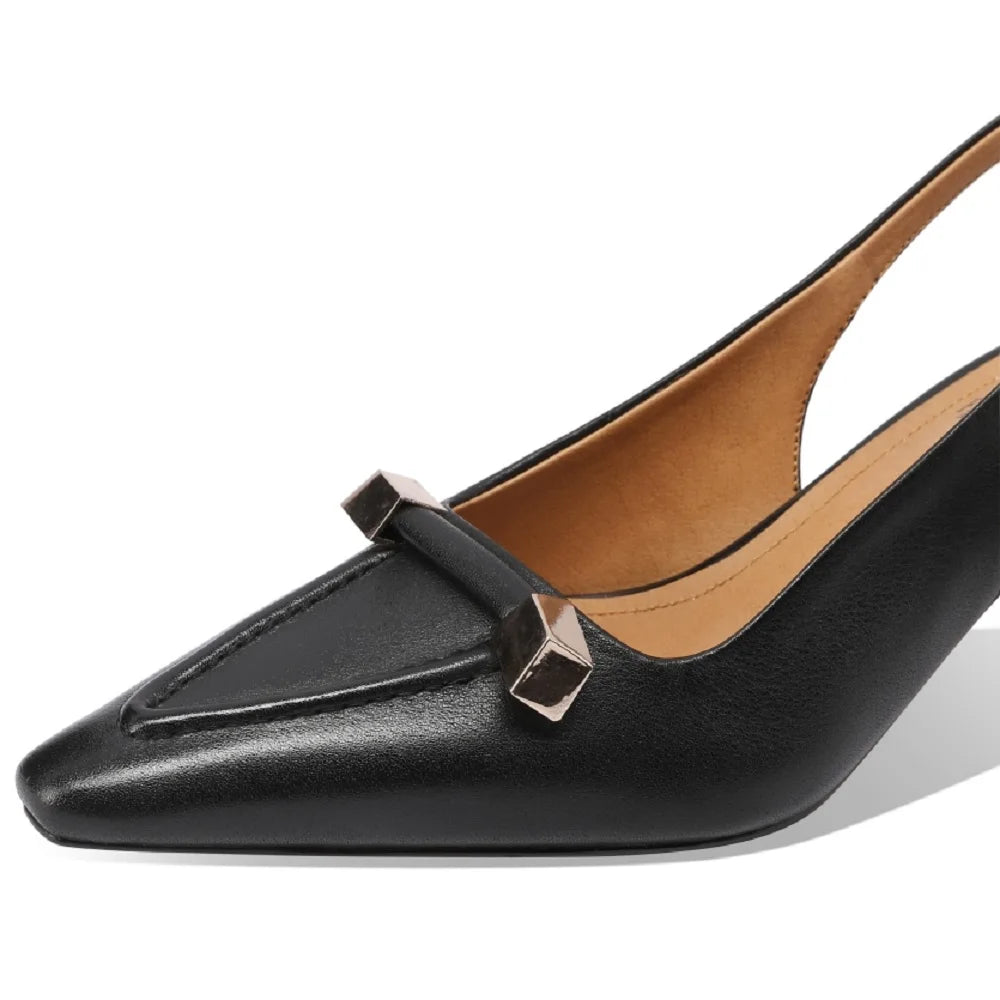 【JOCHEBED HU】Summer Brand Genuine Leather Mid Heels Women Sandals Fashion Slingback Pumps Office Lady Shoes 33-43