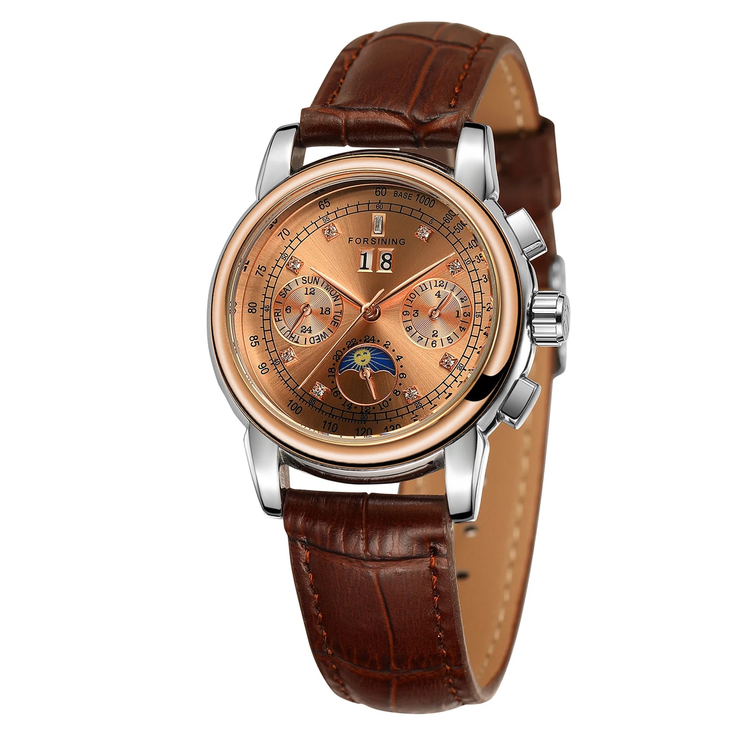 Forsining Fashion Ladies Stainless Steel Case Moon Phase Mechanical Watch Women's Multifunctional Diamond Dial Automatic Clock