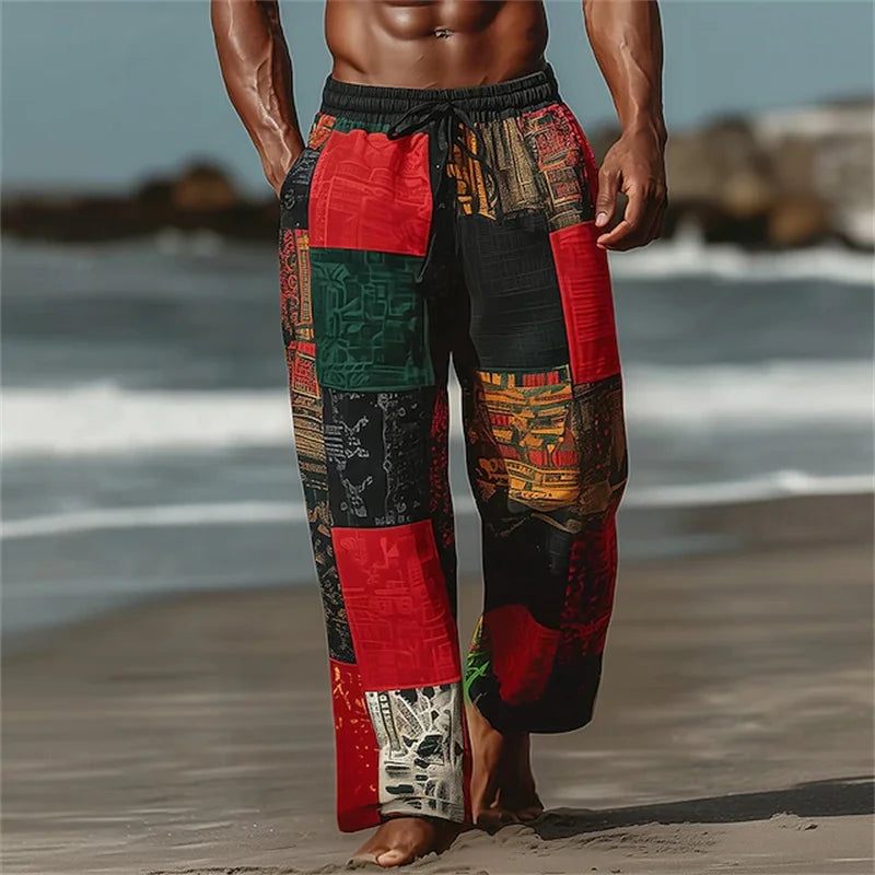 New men's loose fit casual pants with 3D printed geometric patterns, fashionable and comfortable wide leg pants