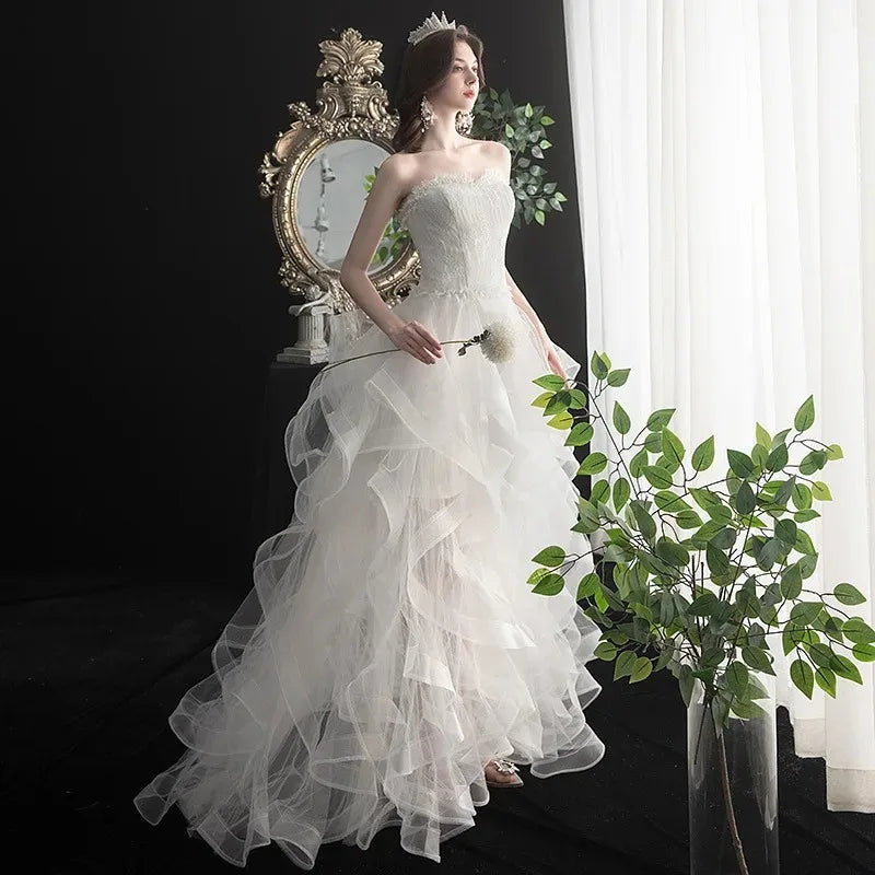New Front Short Long Back Strapless Wedding Dress Sweet Bride Dress