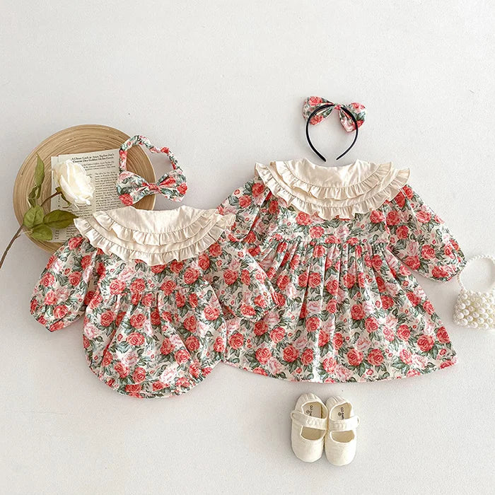 2025 New Spring Baby Sisters Dress 1-5Yrs Girl Party Dress Long Sleeved Cotton Rose Print Romper Sisters Kids Princess Dresses