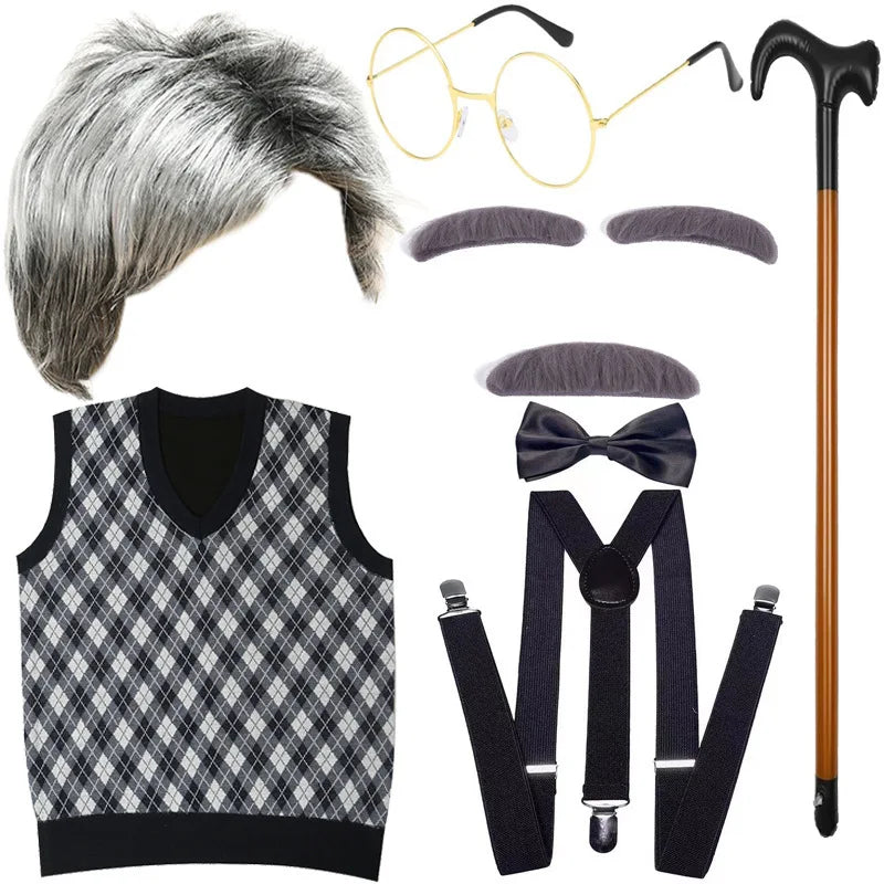 Halloween Children's Day Kids 100 Days Of School Costume For Boy Grandpa Vest Wig And Beard Granny Dress Up Props Carnival Party