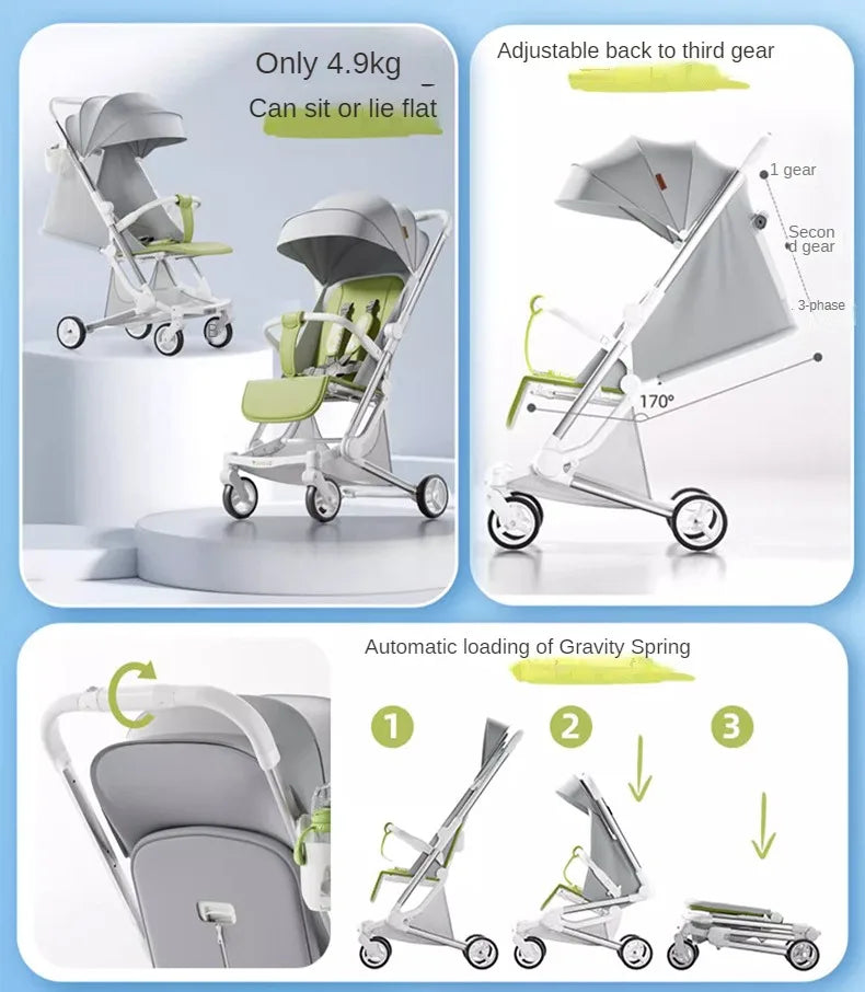 Foldable Four Wheels Cart Comfortable  Portable Lightweight Baby Stroller Can Sit or Lie Down Aluminum alloy Children's Cart