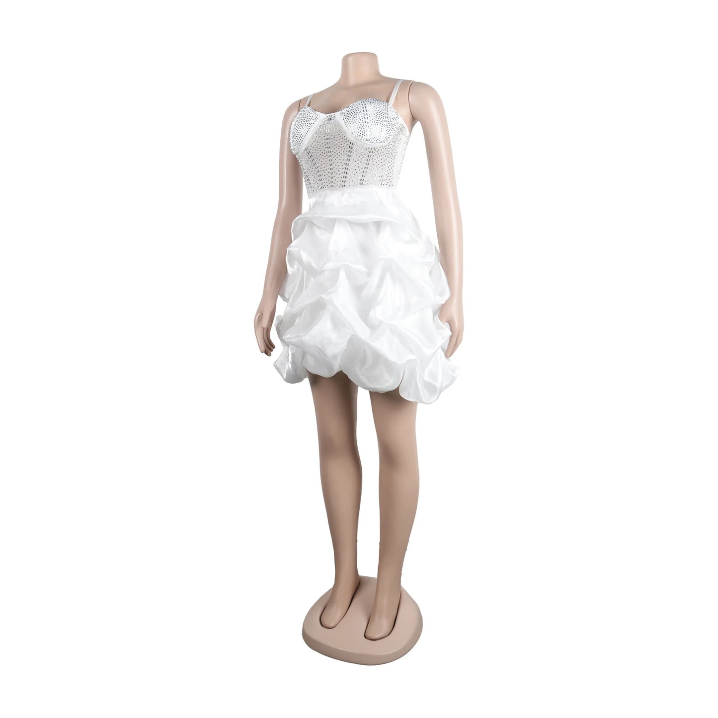 HBLL Sexy Rhinestone Bodycon Ruched Puff Suspenders Dresses Women Sheer Mesh Birthday Party Night Clubwear Summer Dresses Robes