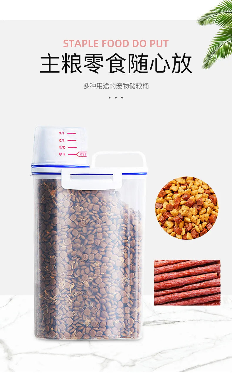 Dog Cat Food Pail Plastic Storage Tank with Measuring Cup Container Moisture-proof Sealed Jar Pet Supplies Accessories