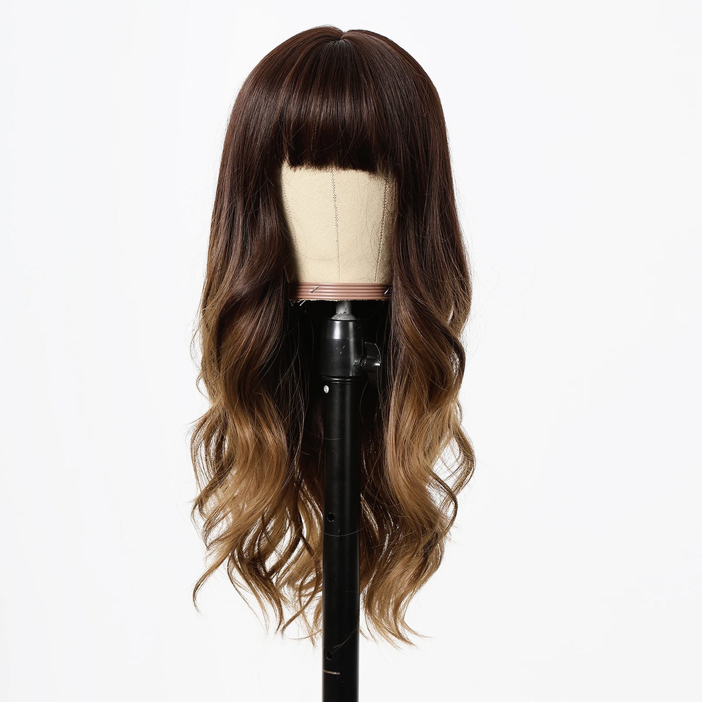 EASIHAIR Long Wavy Synthetic Wigs Natural Ombre Brown Wig with Bangs for Women Daily Cosplay Party Use Heat Resistant Fiber