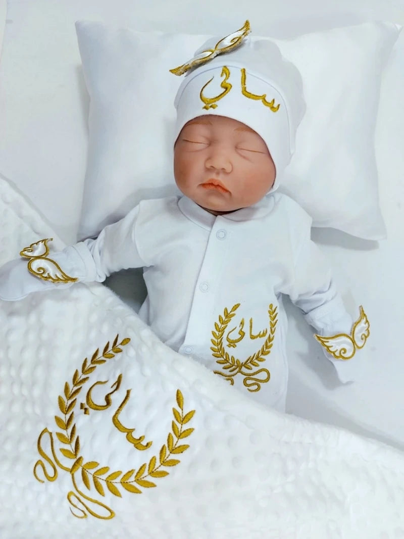 Customized Name Newborn Baby Boss Embroidery Lace Romper Outfit Infant Wrapped Baby Products Pants Mittens Receiving Blanket