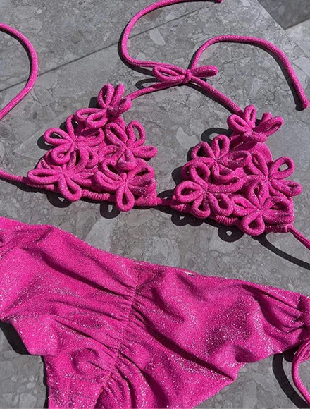 2026 Sexy Pink Paisley Bikini Set – Beaded Halter Top with Metal Pendant Perfect for Beach Wear Pool Parties Summer Getaways