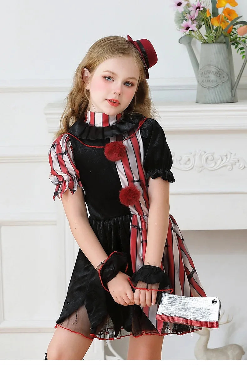 Halloween Cosplay Costumes Horror Clown Dresses Pants Headwear Clothes Sets Carnival Theme Party Role Playing Outfits for Girls