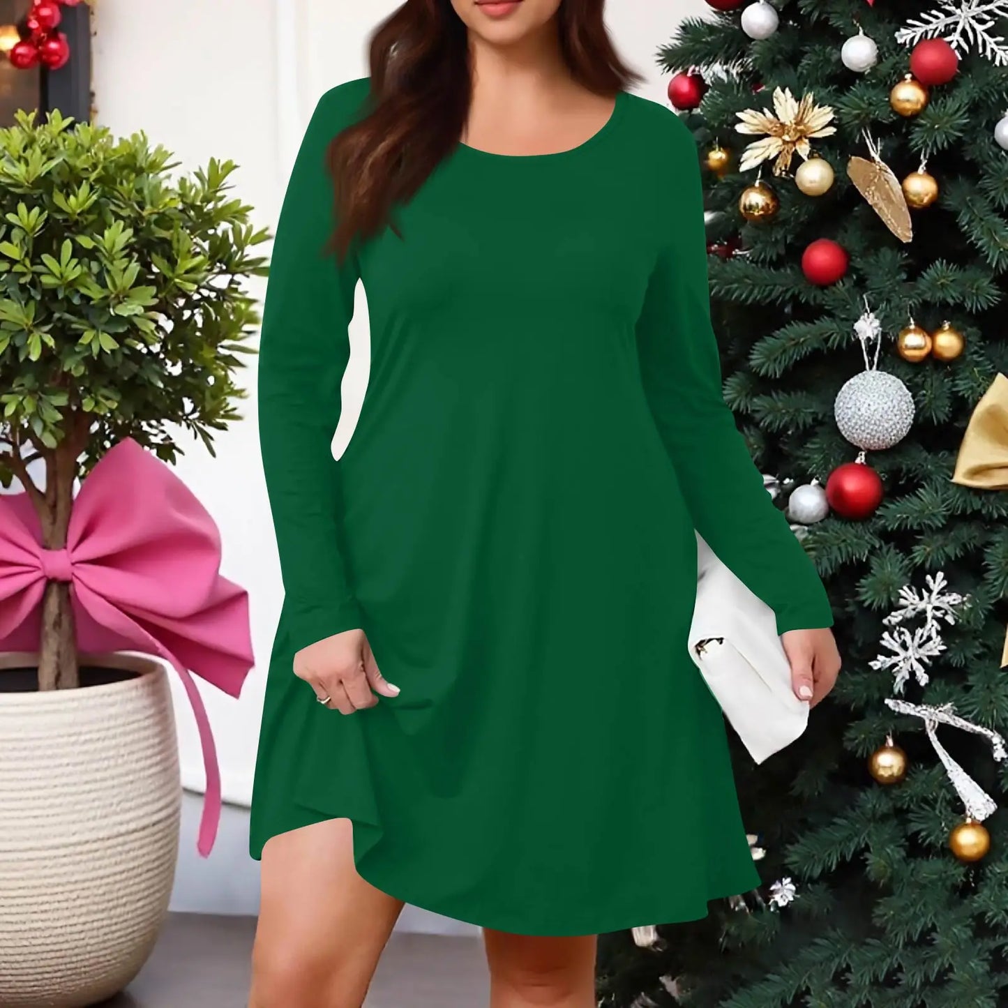 Plus Size Dress for Women Solid-Colour Casual Dress Spring/Autumn Pocket Round Neck Long-Sleeved Dresses vestidos femenino