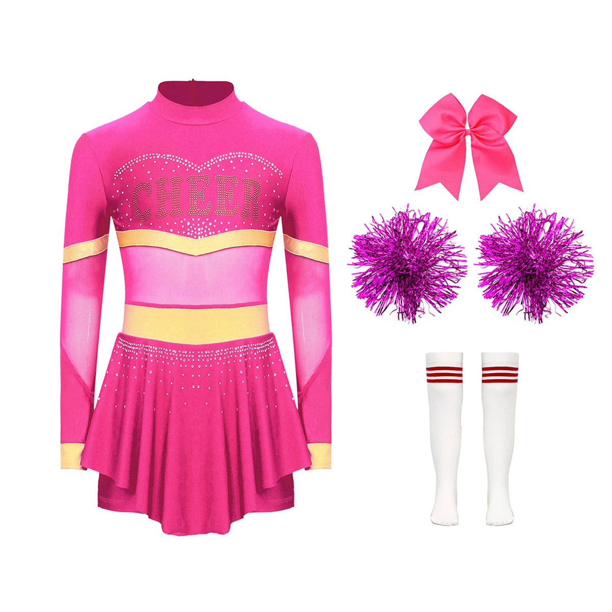 Girls Cheerleader Costume Long Sleeve Cheerleading Uniform Children Cheer Dance Dress Hand Flower Socks Stage Dancewear Sets