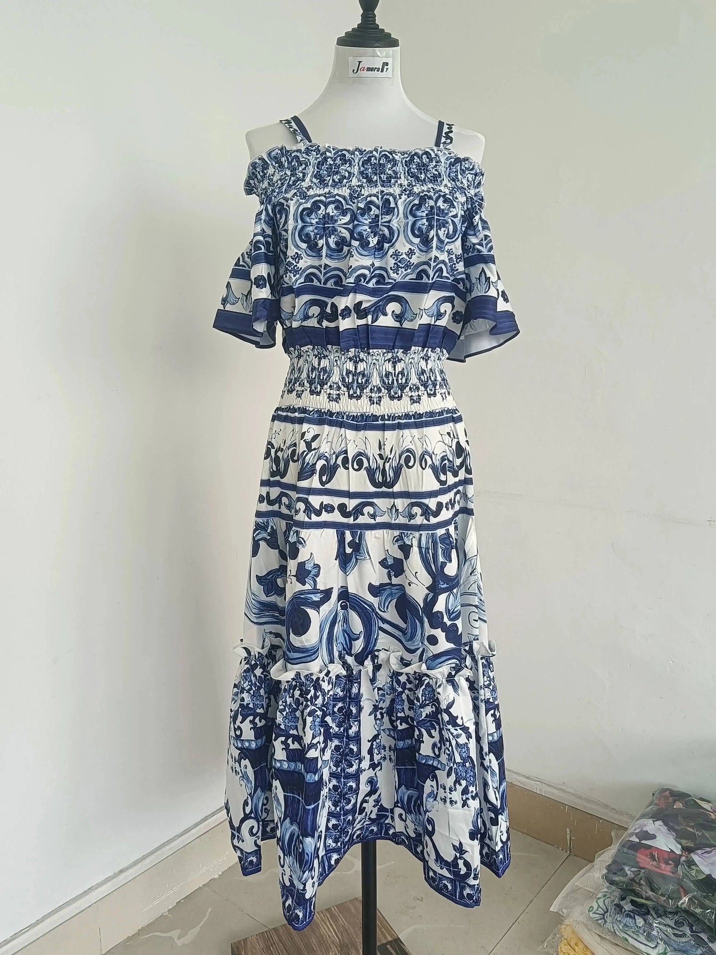 JAMERARY Summer Runway Blue White Porcelain Print Midi Dress Women's Straps Flare Sleeve Elastic Waist Cotton Floral Vestidos