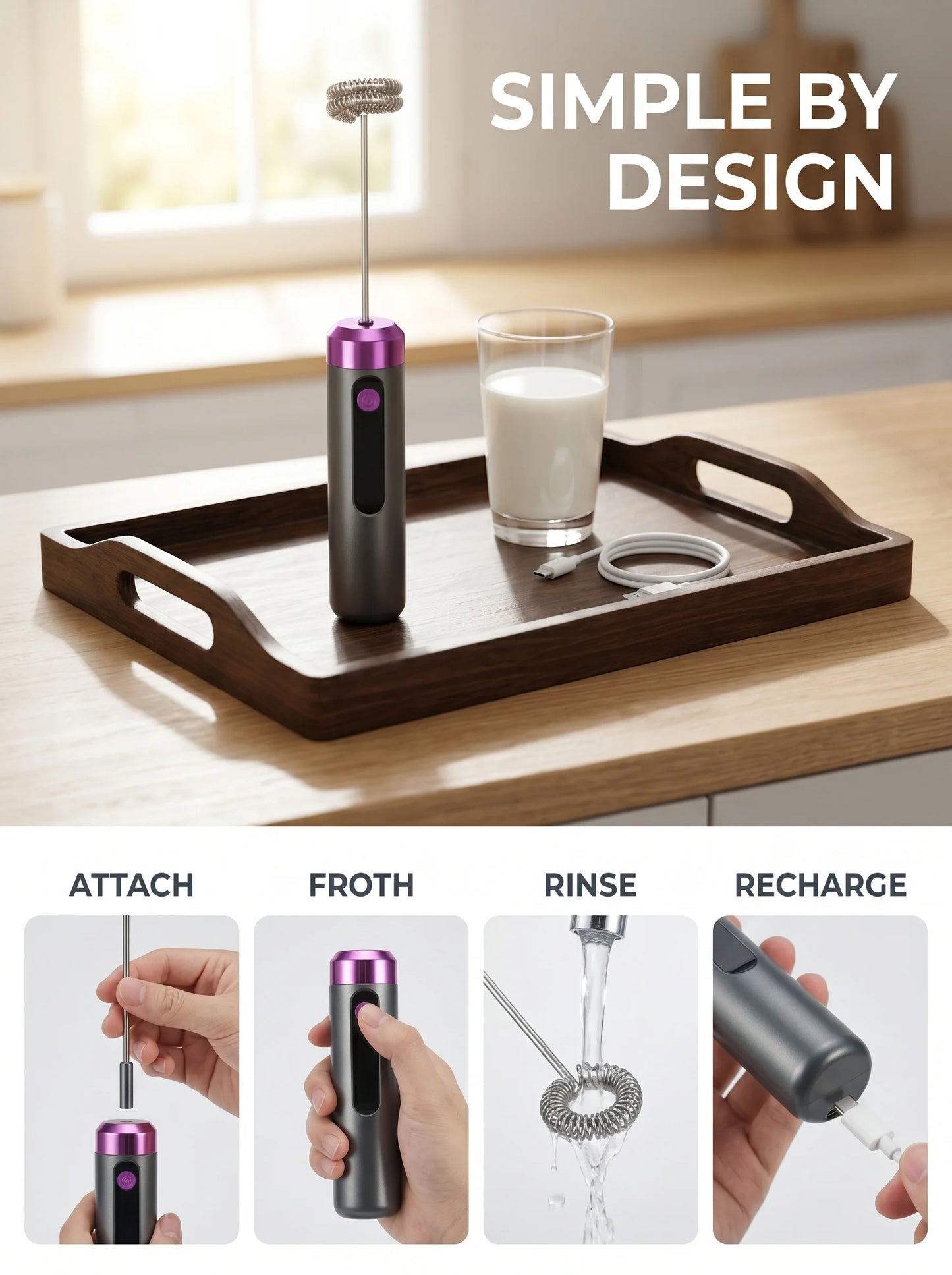Electric Milk Frother USB Rechargeable Handheld 3 Speeds Coffee Foam Maker Cappuccino Frothing Wand Mixer for Kitchen Cafe Use
