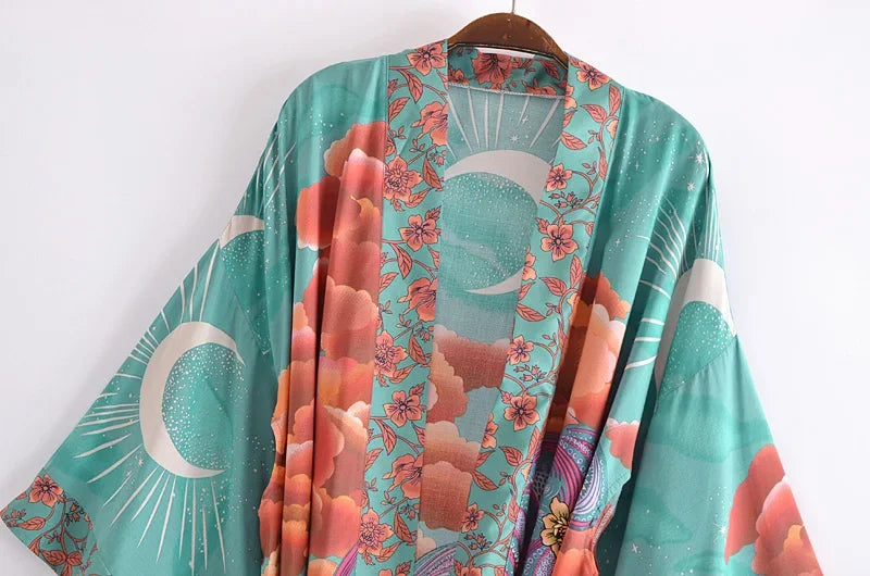 Happie Queens Vintage Star and Moon Floral Print Sashes Women Bohemian V Neck Batwing Sleeves Happie Short Robe Kimono