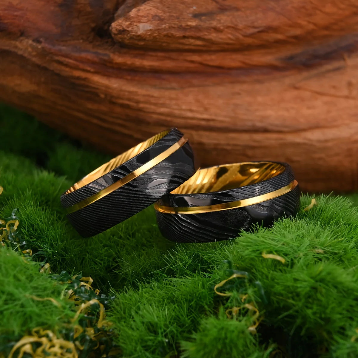 Damascus Steel Ring 8mm Black With Gold-Plated Inner Layer Men'S Couple Wedding Ring Luxurious and Comfortable Daily Party Wear
