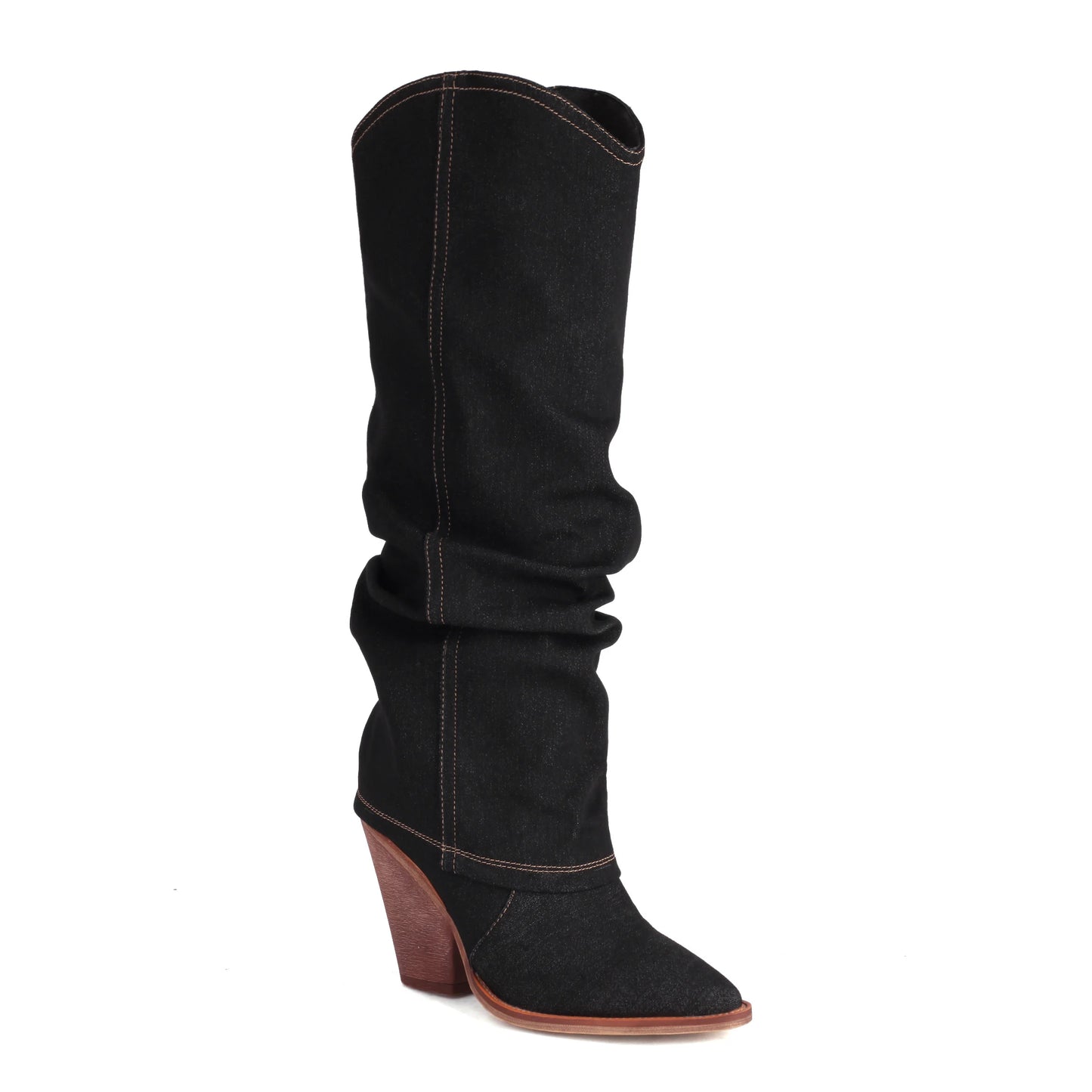 Turned-Over Edge Denim Fashion Sleeve For Women's Knee High Boots Super High Wood Grain Tapered Thick Heel New Winter Boots