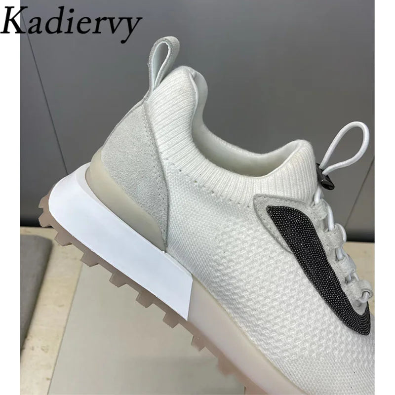 Casual Sneakers Women Round Toe Patchwork Outdoors Running Shoes Cosy Walking Shoes String Bead Lace Up Flat Sports Shoes Woman