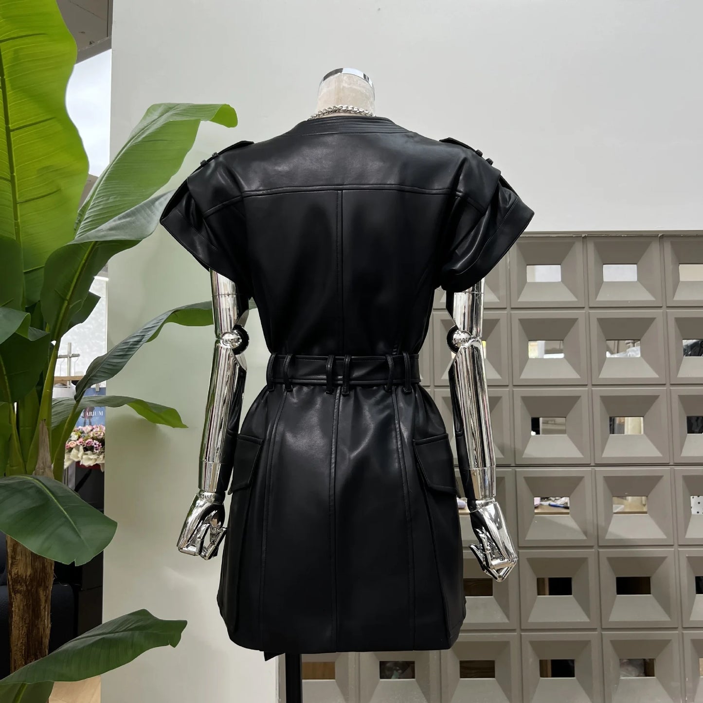DFDG 2025 Women’s V-Neck Wide Shoulder Overlap Placket Double Breasted PU Leather Bodycon Dress Unique Design Cocktail Dress