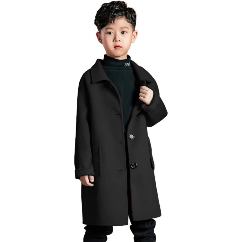 Boys Woolen Coat Overcoat Jacket Windbreak 2024 Red Warm Plus Thicken Autumn Winter Cotton School Children's Clothing