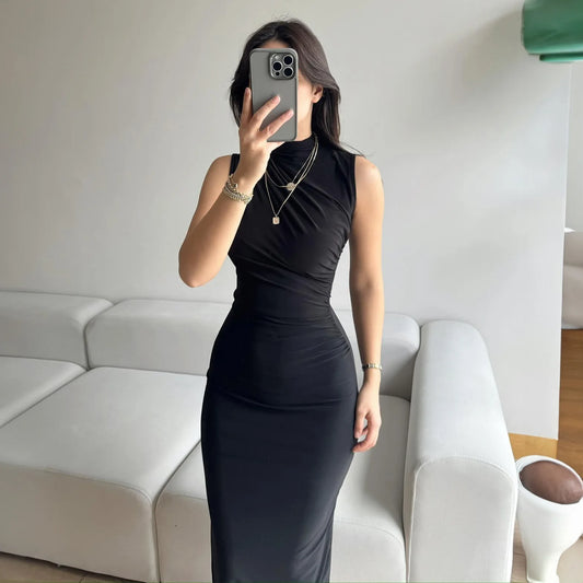 YUZHEXI elegant sleeveless ruched midi dress women commuter bodycon solid color robe black red pink split clothes summer