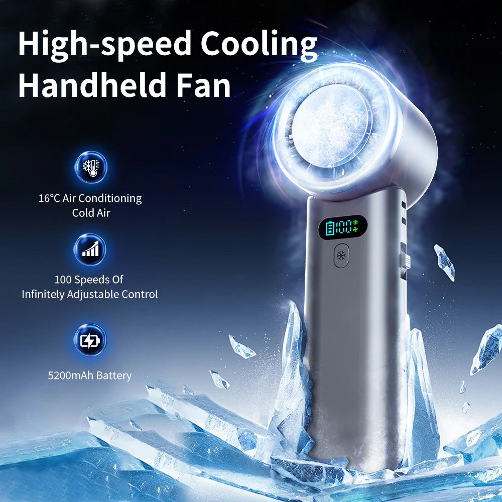 Ice Compress High-Speed Cooling Fan Handheld Fans USB Rechargeable Portable Mini Fan LED Digital Display, Travel, Camping