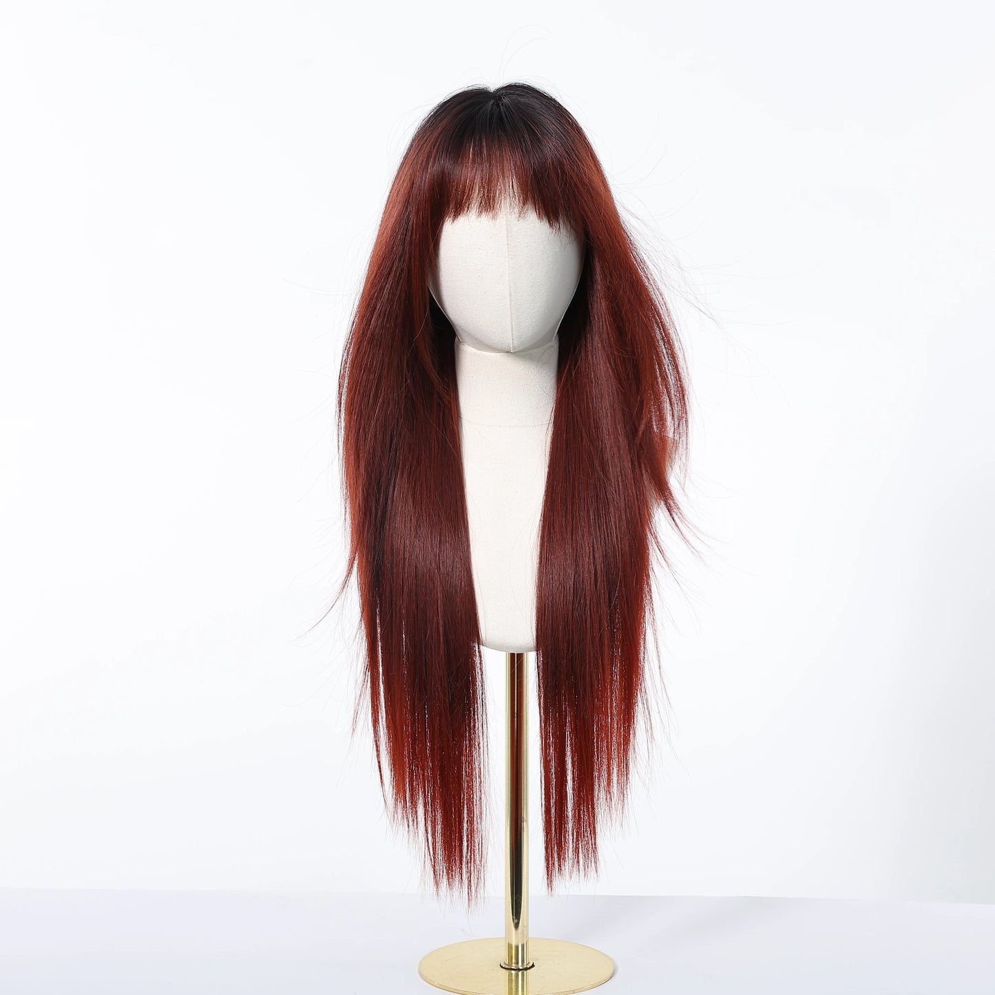 Burgundy Wine Red Ombre Layered Synthetic Wigs With Bangs Super Long Straight Wig For Women Cosplay Natural Daily Heat Resistant