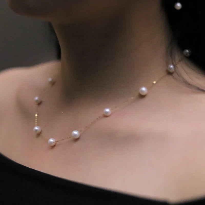 XF800  Real 18K Gold Natural Pearl Necklace Au750  Bracelet Fine Jewelry Round Aniversary Gift For Women White T628