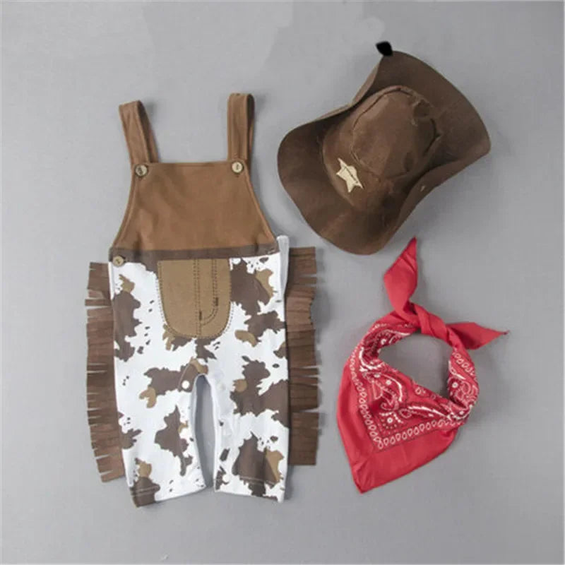 Baby 3PCS Romper Set Camouflage Printed Sling Side Tassel Romper Big Cowboys Wide Brim Star Hat Triangle Printed Scarf