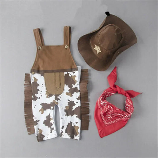 Baby 3PCS Romper Set Camouflage Printed Sling Side Tassel Romper Big Cowboys Wide Brim Star Hat Triangle Printed Scarf