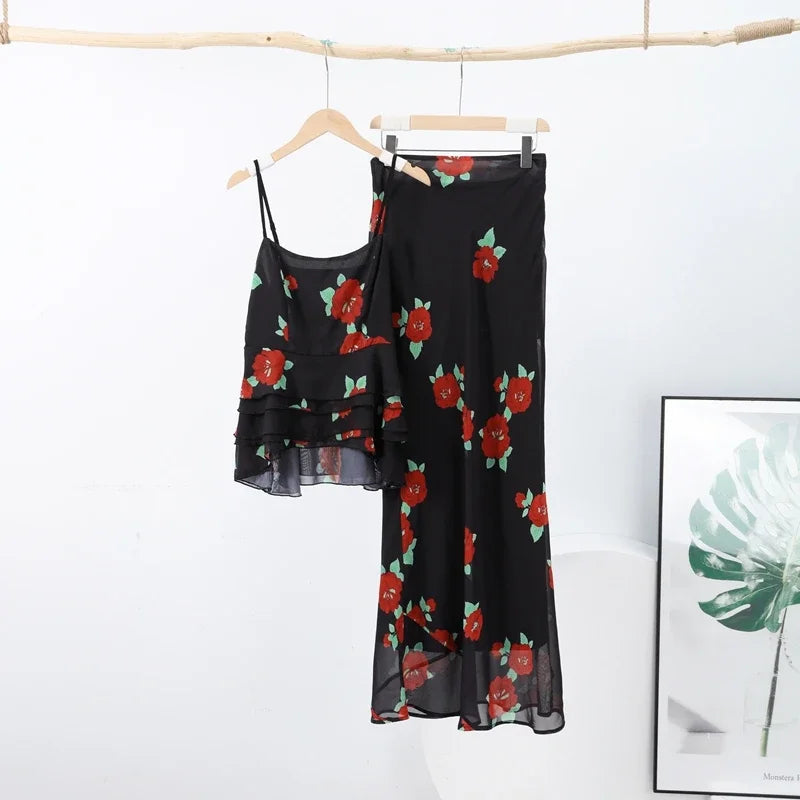 Sexy Flower Print Top Long Skirt Set Women Slim Ruffle Strap U-neck Top Loose High Waist Skirts  Fashion Summer Party Suit