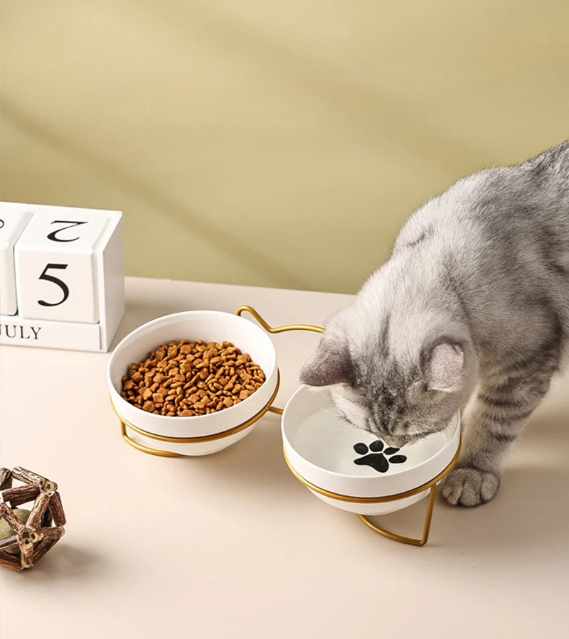 500ML Pet Ceramic Bowl Kitten Puppy Ceramic Bowl Water Feeder Cat Food Feeding Dish Dispenser with Raised Stand Cat Accessories