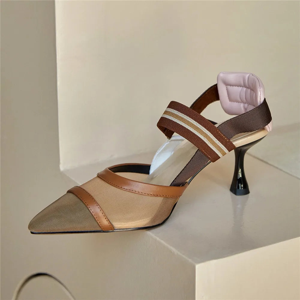 Aucegi Pointy Toe Thin High Heel Slingback Sandals Women Brand Design Elegant Genuine Leather Splicing Mesh Party Dress Shoes